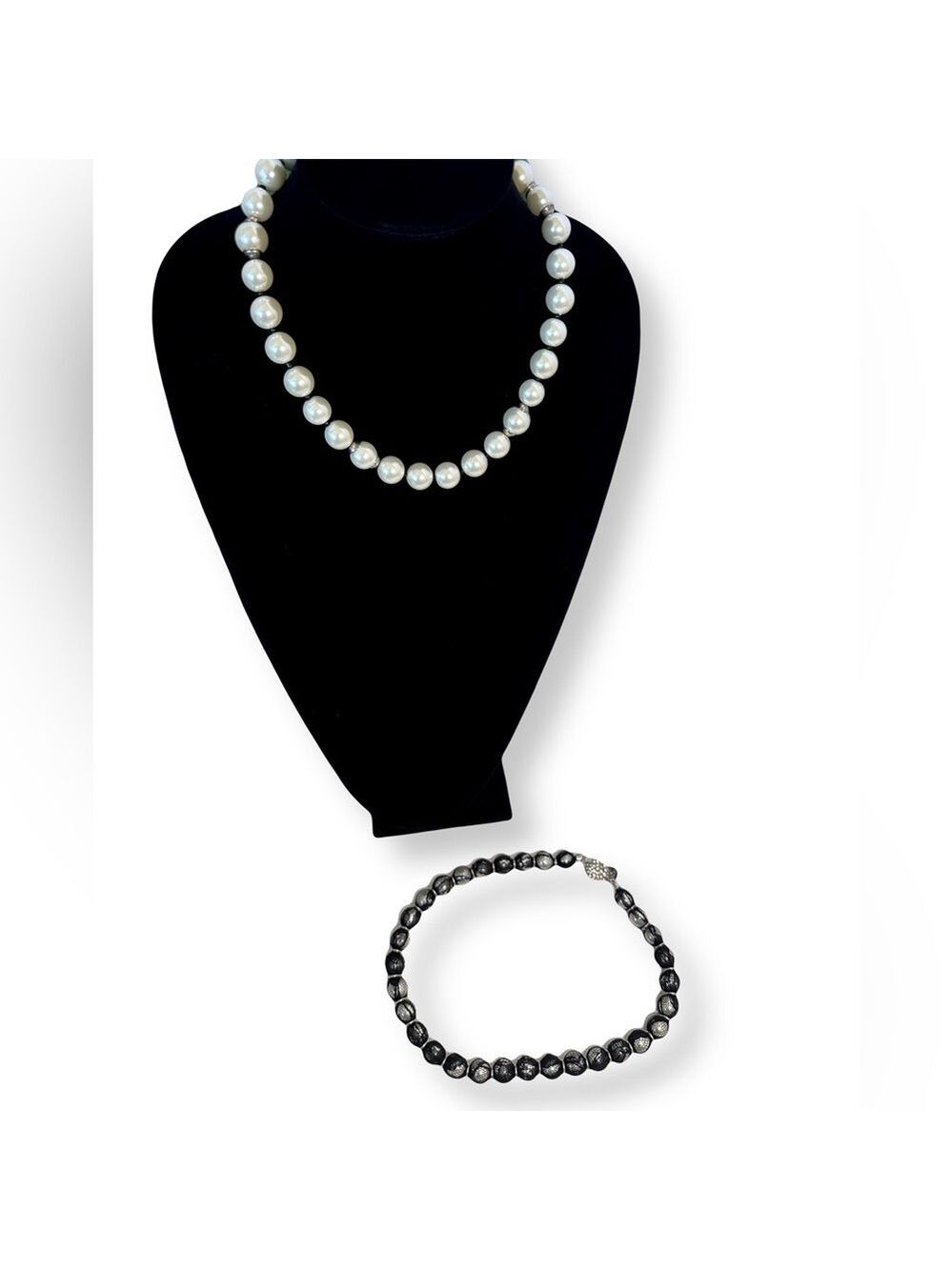 WHBM **2 necklaces in 1** Long Black Lace Wrapped Pearl Necklace - Picture 6 of 16